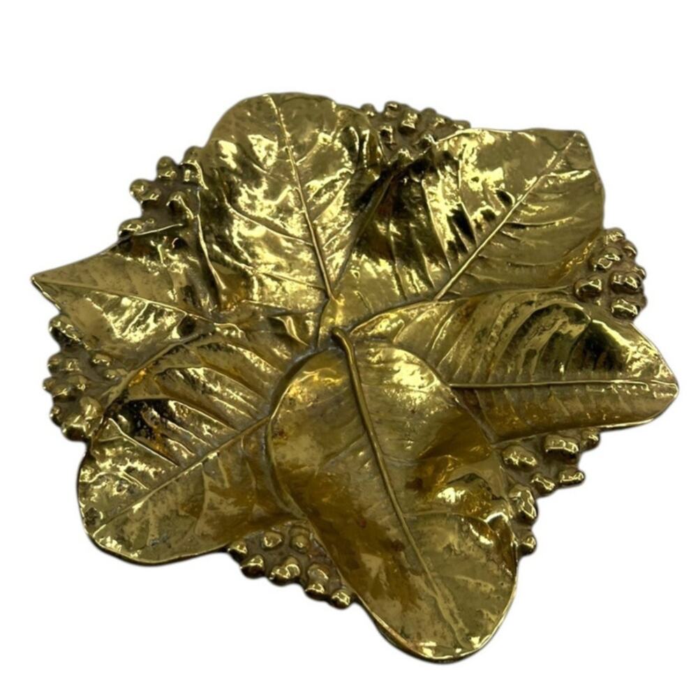 Vintage solid brass dish Lemon Leaves Artisan handcrafted by Virginia Metal